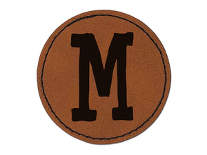 Letter M Uppercase Cute Typewriter Font Round Iron-On Engraved Faux Leather Patch Applique - 2.5"