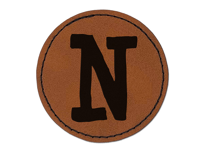 Letter N Uppercase Cute Typewriter Font Round Iron-On Engraved Faux Leather Patch Applique - 2.5"