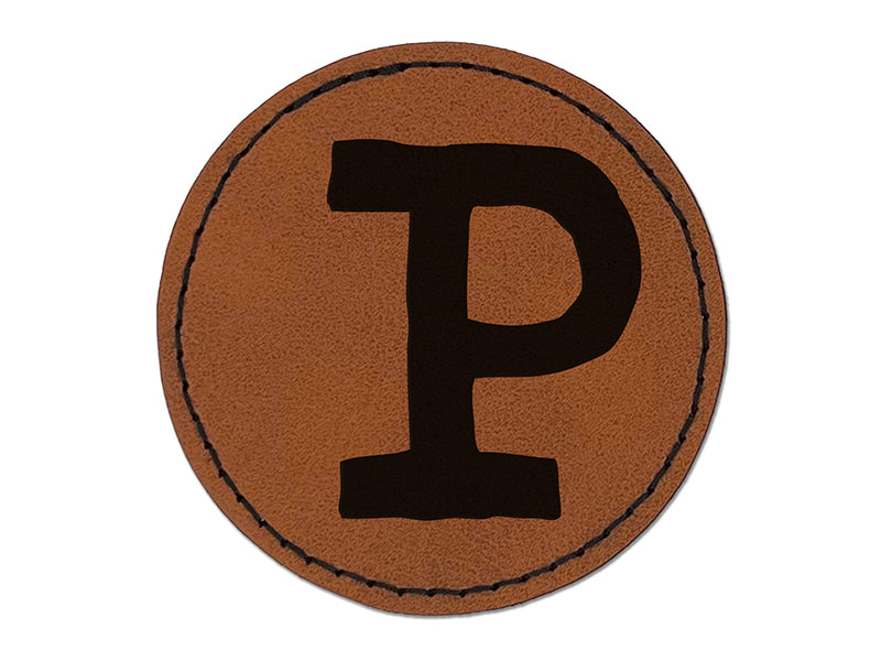 Letter P Uppercase Cute Typewriter Font Round Iron-On Engraved Faux Leather Patch Applique - 2.5"