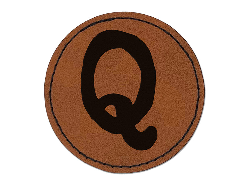 Letter Q Uppercase Cute Typewriter Font Round Iron-On Engraved Faux Leather Patch Applique - 2.5"