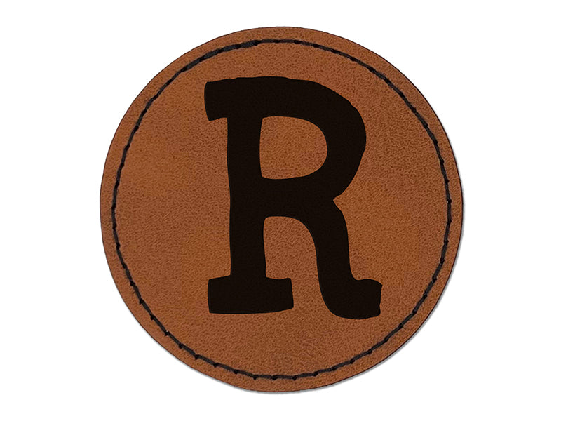 Letter R Uppercase Cute Typewriter Font Round Iron-On Engraved Faux Leather Patch Applique - 2.5"