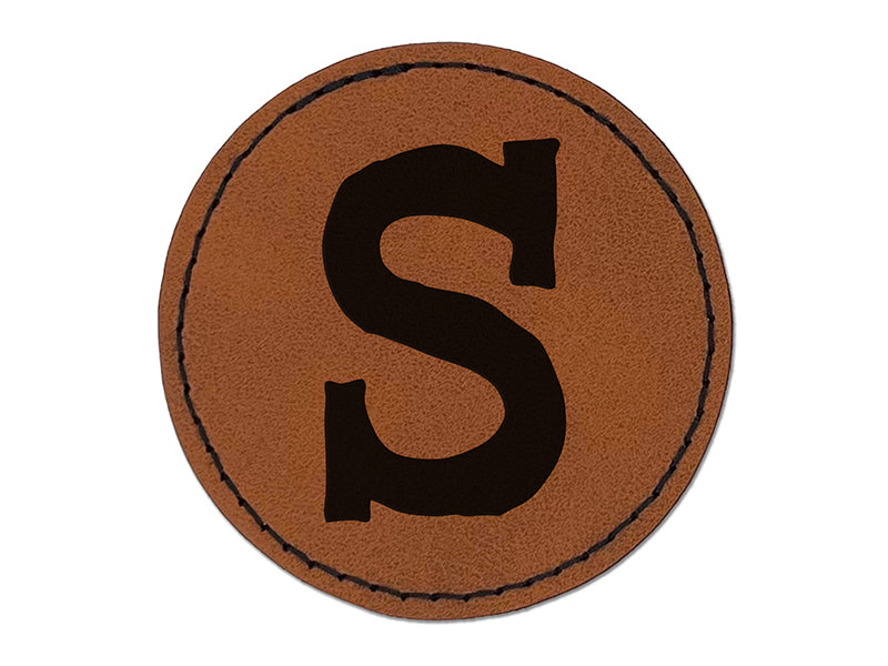 Letter S Uppercase Cute Typewriter Font Round Iron-On Engraved Faux Leather Patch Applique - 2.5"