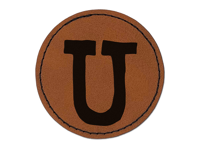 Letter U Uppercase Cute Typewriter Font Round Iron-On Engraved Faux Leather Patch Applique - 2.5"