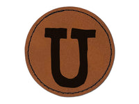 Letter U Uppercase Cute Typewriter Font Round Iron-On Engraved Faux Leather Patch Applique - 2.5"