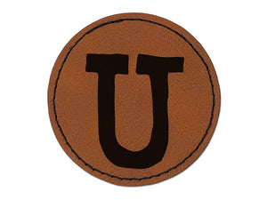 Letter U Uppercase Cute Typewriter Font Round Iron-On Engraved Faux Leather Patch Applique - 2.5"