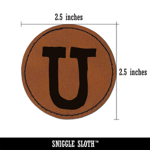 Letter U Uppercase Cute Typewriter Font Round Iron-On Engraved Faux Leather Patch Applique - 2.5"