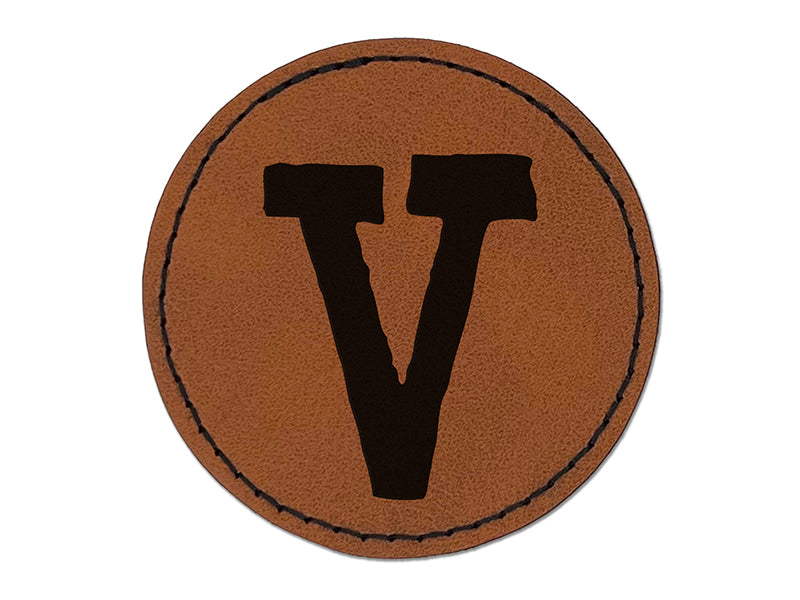 Letter V Uppercase Cute Typewriter Font Round Iron-On Engraved Faux Leather Patch Applique - 2.5"