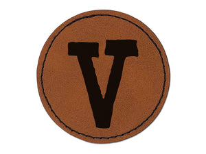 Letter V Uppercase Cute Typewriter Font Round Iron-On Engraved Faux Leather Patch Applique - 2.5"