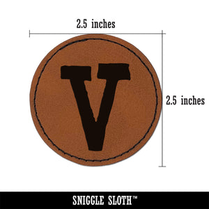 Letter V Uppercase Cute Typewriter Font Round Iron-On Engraved Faux Leather Patch Applique - 2.5"