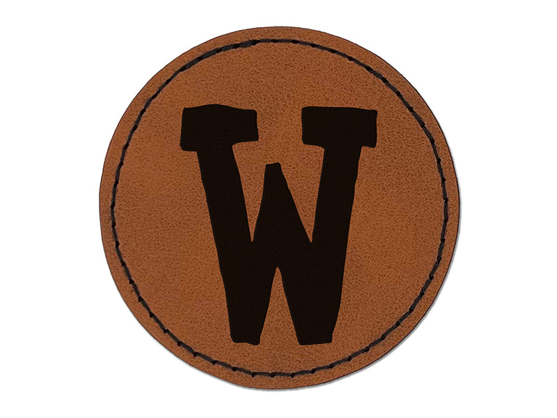 Letter W Uppercase Cute Typewriter Font Round Iron-On Engraved Faux Leather Patch Applique - 2.5"