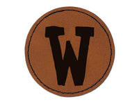 Letter W Uppercase Cute Typewriter Font Round Iron-On Engraved Faux Leather Patch Applique - 2.5"