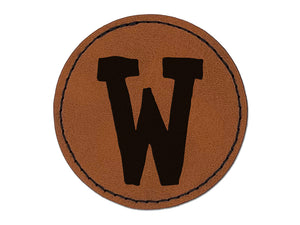 Letter W Uppercase Cute Typewriter Font Round Iron-On Engraved Faux Leather Patch Applique - 2.5"