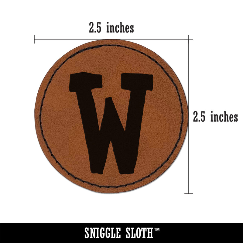 Letter W Uppercase Cute Typewriter Font Round Iron-On Engraved Faux Leather Patch Applique - 2.5"
