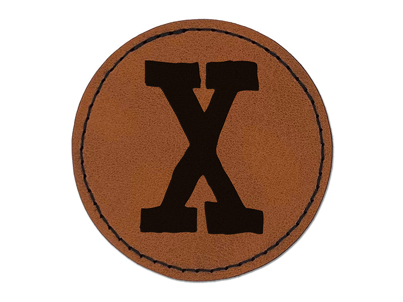 Letter X Uppercase Cute Typewriter Font Round Iron-On Engraved Faux Leather Patch Applique - 2.5"