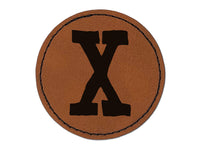 Letter X Uppercase Cute Typewriter Font Round Iron-On Engraved Faux Leather Patch Applique - 2.5"