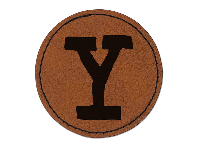 Letter Y Uppercase Cute Typewriter Font Round Iron-On Engraved Faux Leather Patch Applique - 2.5"