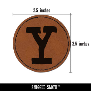 Letter Y Uppercase Cute Typewriter Font Round Iron-On Engraved Faux Leather Patch Applique - 2.5"