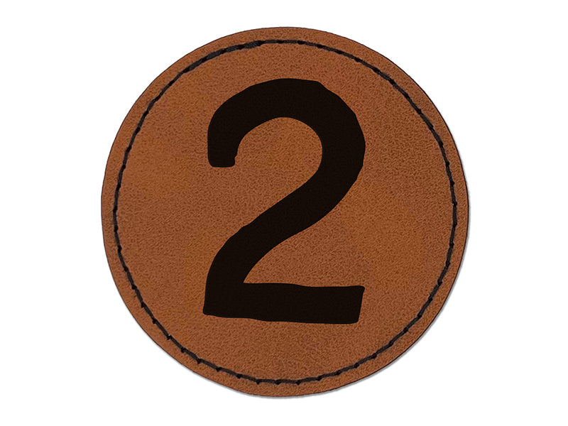 Number 2 Two Cute Typewriter Font Round Iron-On Engraved Faux Leather Patch Applique - 2.5"