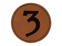 Number 3 Three Cute Typewriter Font Round Iron-On Engraved Faux Leather Patch Applique - 2.5"