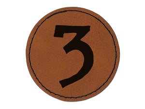 Number 3 Three Cute Typewriter Font Round Iron-On Engraved Faux Leather Patch Applique - 2.5"