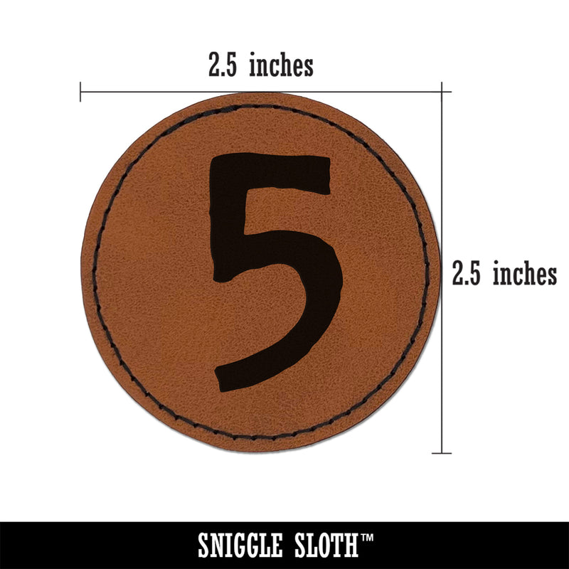 Number 5 Five Cute Typewriter Font Round Iron-On Engraved Faux Leather Patch Applique - 2.5"