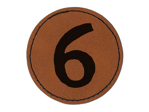 Number 6 Six Cute Typewriter Font Round Iron-On Engraved Faux Leather Patch Applique - 2.5"