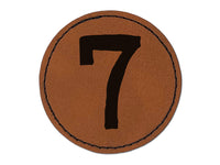 Number 7 Seven Cute Typewriter Font Round Iron-On Engraved Faux Leather Patch Applique - 2.5"