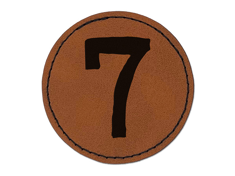 Number 7 Seven Cute Typewriter Font Round Iron-On Engraved Faux Leather Patch Applique - 2.5"