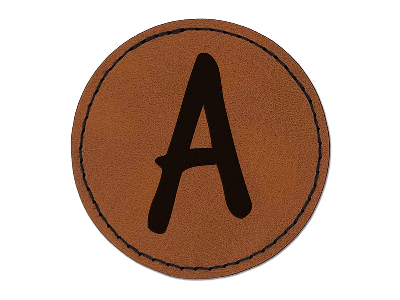 Letter A Uppercase Felt Marker Font Round Iron-On Engraved Faux Leather Patch Applique - 2.5"