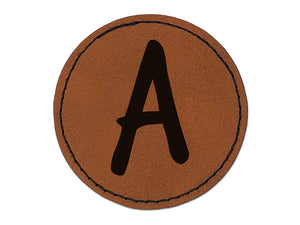 Letter A Uppercase Felt Marker Font Round Iron-On Engraved Faux Leather Patch Applique - 2.5"