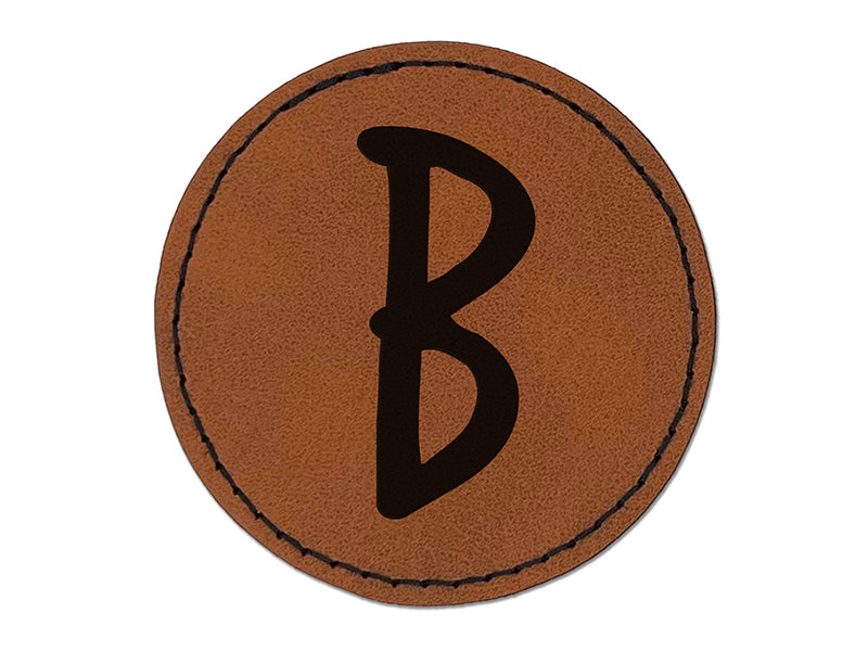 Letter B Uppercase Felt Marker Font Round Iron-On Engraved Faux Leather Patch Applique - 2.5"