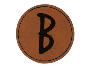 Letter B Uppercase Felt Marker Font Round Iron-On Engraved Faux Leather Patch Applique - 2.5"
