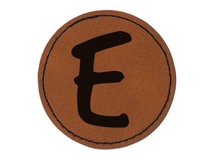 Letter E Uppercase Felt Marker Font Round Iron-On Engraved Faux Leather Patch Applique - 2.5"