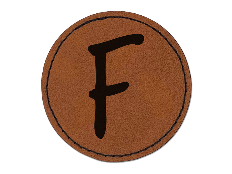 Letter F Uppercase Felt Marker Font Round Iron-On Engraved Faux Leather Patch Applique - 2.5"