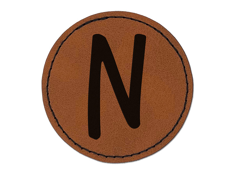 Letter N Uppercase Felt Marker Font Round Iron-On Engraved Faux Leather Patch Applique - 2.5"