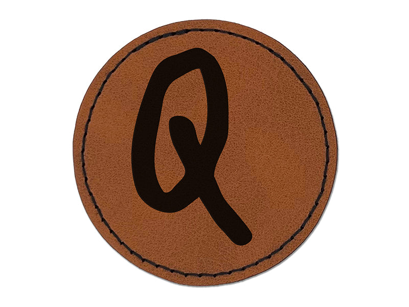 Letter Q Uppercase Felt Marker Font Round Iron-On Engraved Faux Leather Patch Applique - 2.5"