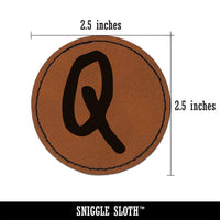 Letter Q Uppercase Felt Marker Font Round Iron-On Engraved Faux Leather Patch Applique - 2.5"