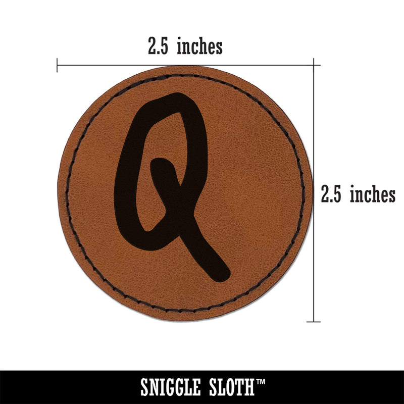 Letter Q Uppercase Felt Marker Font Round Iron-On Engraved Faux Leather Patch Applique - 2.5"