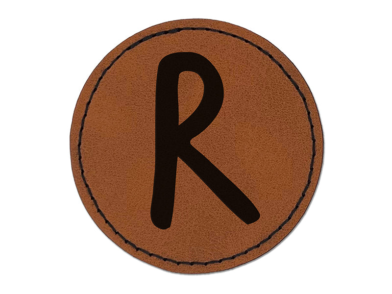 Letter R Uppercase Felt Marker Font Round Iron-On Engraved Faux Leather Patch Applique - 2.5"