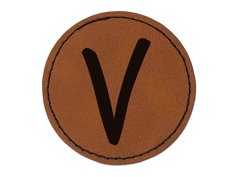 Letter V Uppercase Felt Marker Font Round Iron-On Engraved Faux Leather Patch Applique - 2.5"