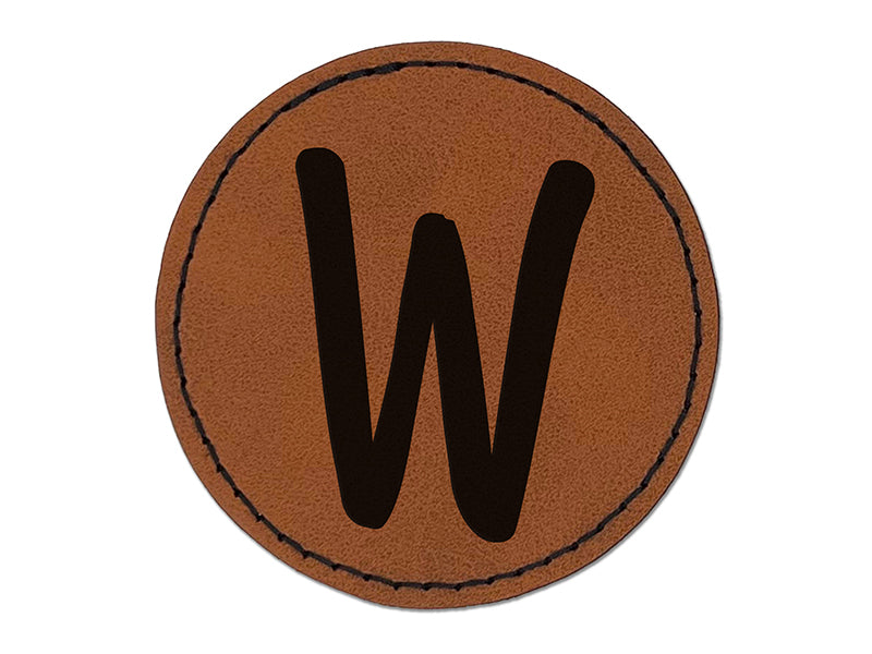 Letter W Uppercase Felt Marker Font Round Iron-On Engraved Faux Leather Patch Applique - 2.5"