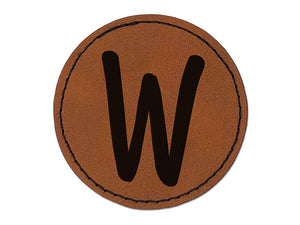 Letter W Uppercase Felt Marker Font Round Iron-On Engraved Faux Leather Patch Applique - 2.5"