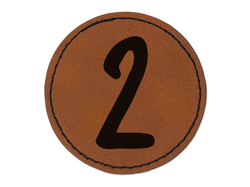 Number 2 Two Felt Marker Font Round Iron-On Engraved Faux Leather Patch Applique - 2.5"