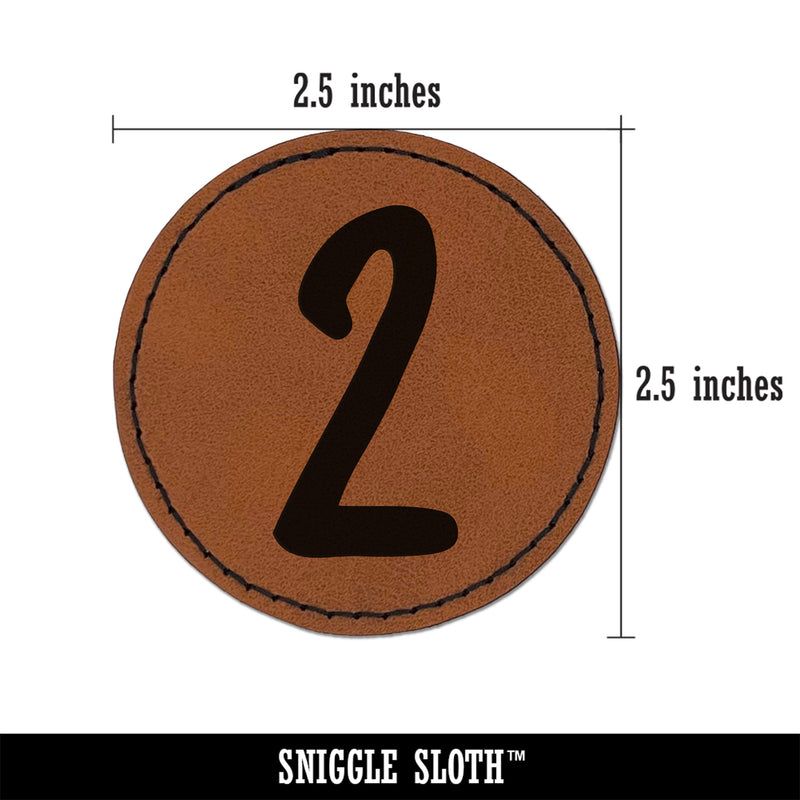 Number 2 Two Felt Marker Font Round Iron-On Engraved Faux Leather Patch Applique - 2.5"