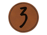 Number 3 Three Felt Marker Font Round Iron-On Engraved Faux Leather Patch Applique - 2.5"