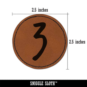 Number 3 Three Felt Marker Font Round Iron-On Engraved Faux Leather Patch Applique - 2.5"