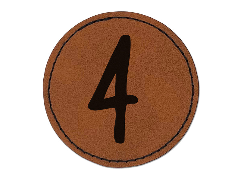 Number 4 Four Felt Marker Font Round Iron-On Engraved Faux Leather Patch Applique - 2.5"