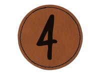 Number 4 Four Felt Marker Font Round Iron-On Engraved Faux Leather Patch Applique - 2.5"