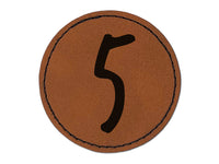 Number 5 Five Felt Marker Font Round Iron-On Engraved Faux Leather Patch Applique - 2.5"