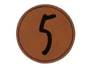 Number 5 Five Felt Marker Font Round Iron-On Engraved Faux Leather Patch Applique - 2.5"